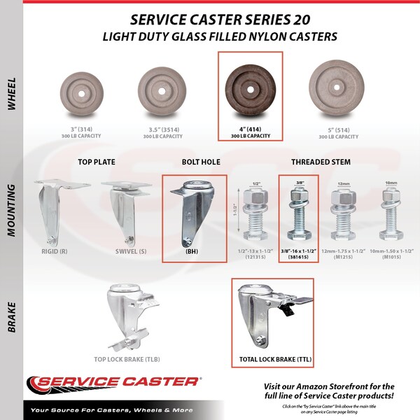 Service Caster 4 Inch SS High Temp Glass Filled Nylon 3/8 Inch Stem Caster Lock Brake SCC, 2PK SCC-SSTSTTL20S414-GFNSHT-381615-2-S2 - main